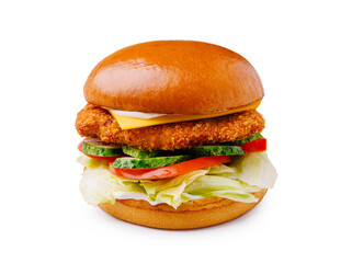Crispy chicken sandwich with lettuce, tomato, and cheese on a soft bun