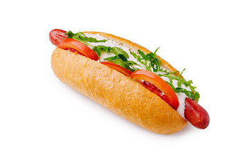 Delicious hot dog with fresh toppings ready to enjoy at lunchtime