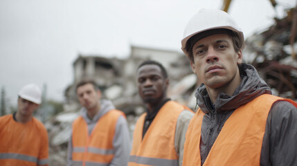 Construction workers standing together at work site
