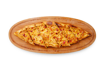Savory flatbread with melted cheese and fresh toppings served on wooden board