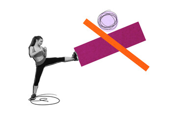 Composite photo collage of happy girl judo coach kick leg figure boxer sport stamina motivation health isolated on painted background