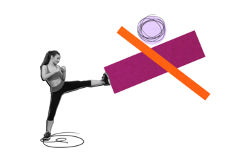 Composite photo collage of happy girl judo coach kick leg figure boxer sport stamina motivation health isolated on painted background