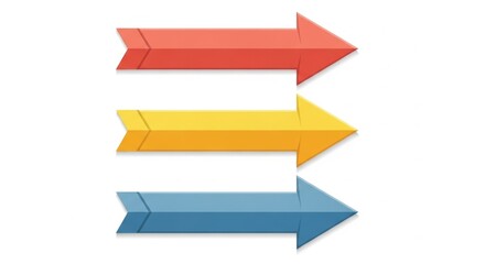 Fototapeta premium Three overlapping arrows: red, yellow, blue directional shapes on white background