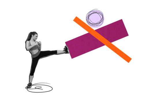Composite photo collage of happy girl judo coach kick leg figure boxer sport stamina motivation health isolated on painted background