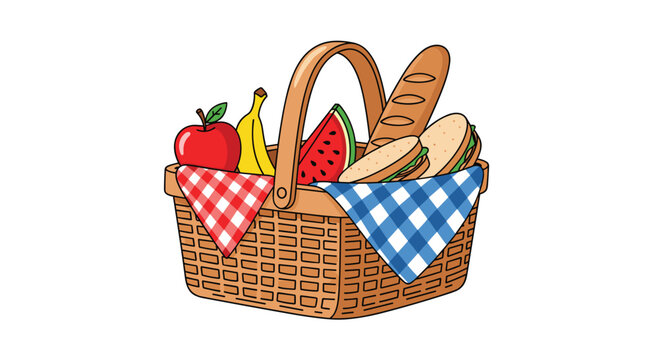 Delightful picnic basket filled with fresh fruit, sandwiches, and bread for a sunny outdoor feast, perfect for family fun and summertime joy
