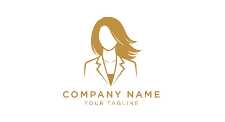 Elegant Woman Logo Design with Flowing Hair and Professional Attire in Gold.