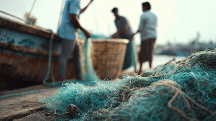 Fishing nets and boats at sunset harbor
