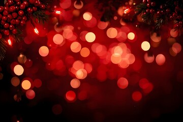 Warm Christmas Bokeh with Red Berries and Pine Branches