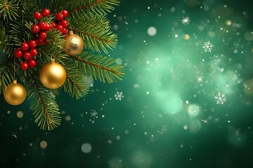 Green Christmas Background with Pine, Berries and Baubles