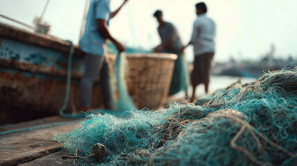 Fishing nets and fishermen working on boats at seaside harbor
