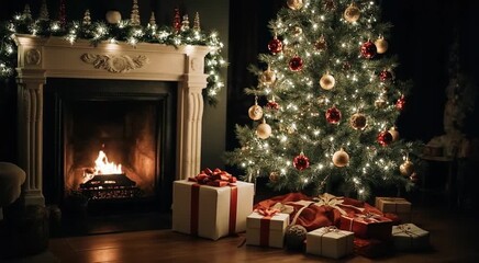 Cozy Christmas living room with decorated tree, glowing fireplace and wrapped gifts. Warm festive atmosphere, soft natural light, clean composition, professional photography. - Powered by Adobe