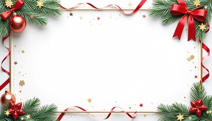 A decorative frame for a New Year’s certificate. A4 vertical format. The center is blank white space (about 90%), only a thin festive border. Decorations: frosty pine branches, golden baubles, sparkli