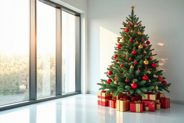 Elegant Christmas tree in office. Modern holiday decoration with space for text. Festive tree with red and gold ornaments.