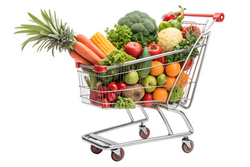 Shopping cart filled with fresh vegetables, fruits, and healthy grocery items. Isolated on a transparent background, PNG format. Ideal for supermarket advertising, nutrition, organic food concepts, an