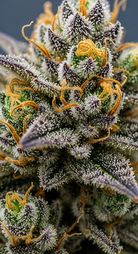 Close-up of a vibrant cannabis flower bud with purple hues, covered in trichomes and orange pistils.