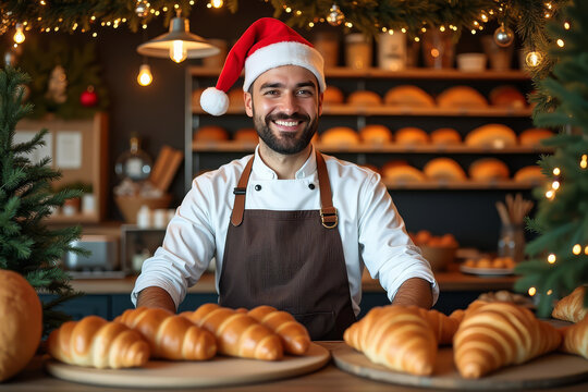 Smiling male baker with Christmas bread. Festive man baker in Santa hat. Happy pastry chef in bakery shop.