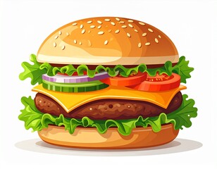 Cartoon Hamburger with Lettuce, Tomato, Cheese, Onion, and Beef Patty