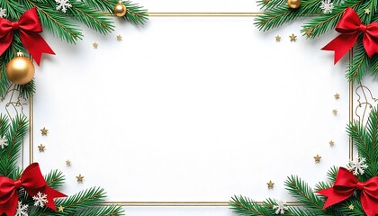 A decorative frame for a New Year’s certificate. A4 vertical format. The center is blank white space (about 90%), only a thin festive border. Decorations: frosty pine branches, golden baubles, sparkli