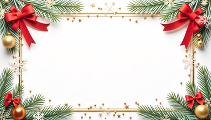 A decorative frame for a New Year’s certificate. A4 vertical format. The center is blank white space (about 90%), only a thin festive border. Decorations: frosty pine branches, golden baubles, sparkli