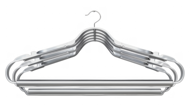 Stack of metal clothes hangers on black on transparent background