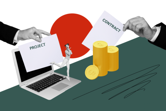 Creative collage picture young woman golden coins stack pile contract employment offer project manager salary laptop remote job hiring