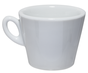 Classic white ceramic coffee cup with a handle, widening towards the top, isolated on white background.