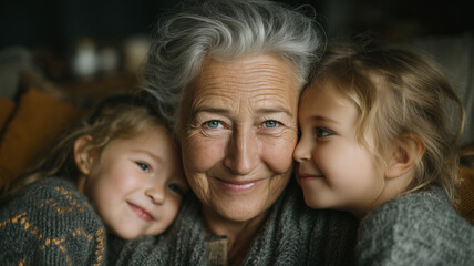 Warm moments of joy shared between loving grandmother and playful kids