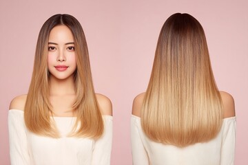 Fototapeta premium Portrait of woman with ombre straight hairstyle front and back view on pink background