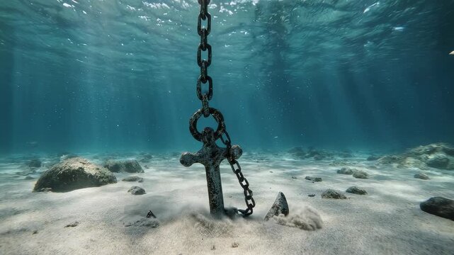 Old rusty anchor resting on seabed under clear water, illuminated by sunlight rays.