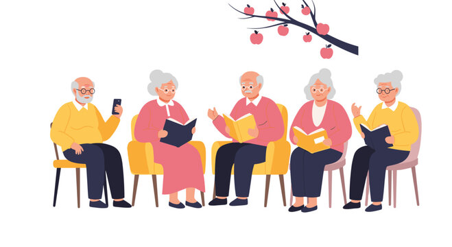 Group of senior friends enjoying books and technology together in a joyful book club setting, promoting lifelong learning and social connection