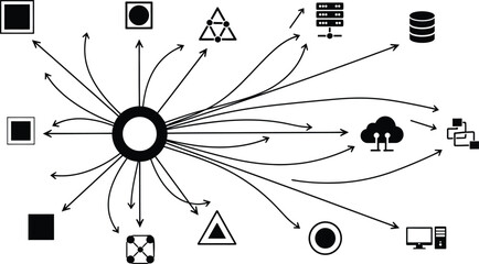 Centralized data flow diagram representing network architecture, big data processing, integration, hub and spoke model, and input/output connections for technology.