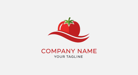 Tomato logo design with red fruit and green stem on a wavy line for food company.