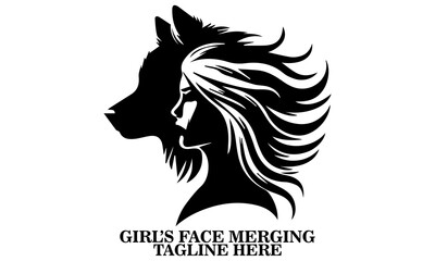 silhouette vector of a girl’s face merging  with the head of a fierce dog, girl’s face with the head of a dog vector illustration, dog and girl's logo
