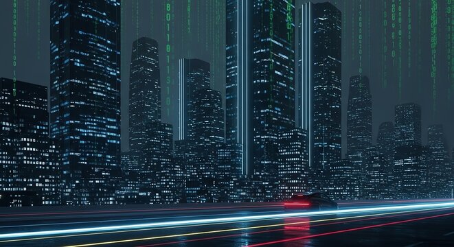 Futuristic cityscape with speeding car and digital code