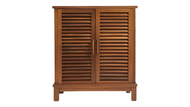 Wooden cabinet with shuttered doors on transparent background