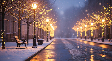 A beautiful winter street with glowing lanterns along the snowy path, creating a peaceful and romantic atmosphere under soft falling snow.