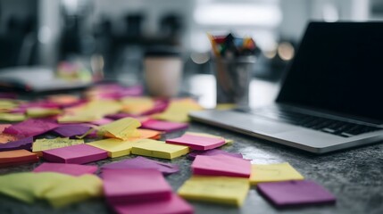 Desk covered in colorful sticky notes next to an open laptop symbolizing creative ideas and project planning