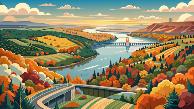 Very beautiful panoramic view of the Delaware River between Bucks County, Pennsylvania, and Hunterdon County, New Jersey, seen from Bowman&rsquo;s Hill Tower, surrounded by vivid autumn foliage and golden l