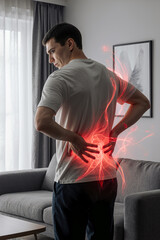 Lumbar intervertebral spine hernia, back pain, kidney inflammation, man suffering from backache at home