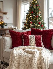 Cozy living room with red pillows and a Christmas tree