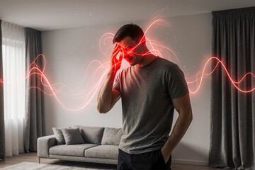 Headache and migraine, man with head pain at home, health problems concept