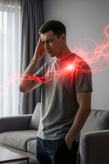 Headache and migraine, shoulder inflammation, man with head pain at home, health problems concept