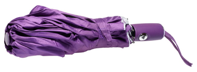 Folded portable automatic umbrella in bright purple color with handle and strap