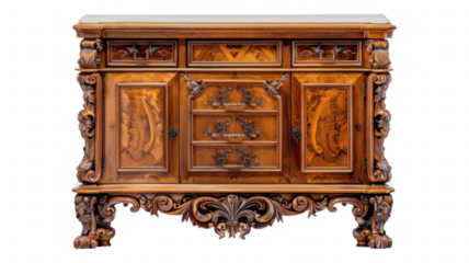 Ornate wooden cabinet with drawers doors on transparent background