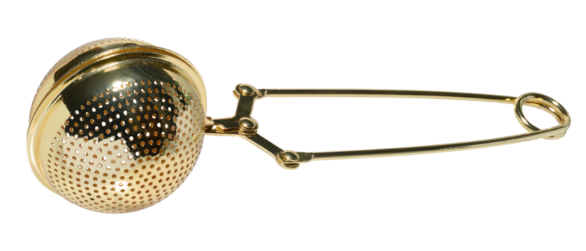 A golden metal strainer with perforations and long handles. Isolated background.
