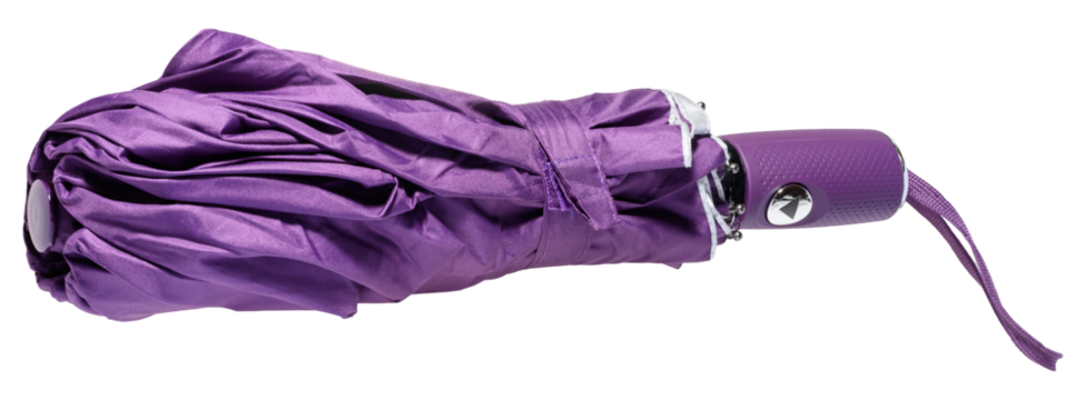 Folded portable automatic umbrella in bright purple color with handle and strap