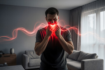 Man with toothache at home, periodontal disease in wisdom teeth, health problems concept