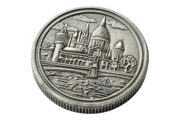 Silver coin with building engraving art on transparent background