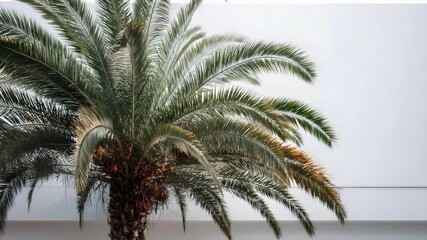 A palm tree with a brown trunk and lush green fronds stands indoors against a plain white wall. - Powered by Adobe
