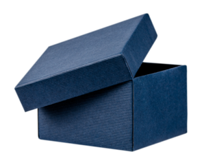 Open dark blue gift box with textured surface, isolated on white background. Minimal and elegant packaging concept for luxury gifts, jewelry, or special occasions.
